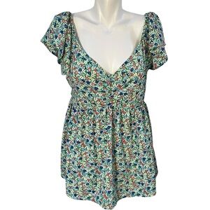 Staccato Womens Large On or Off The Shoulder Green Floral Blouse Shirt V-Neck